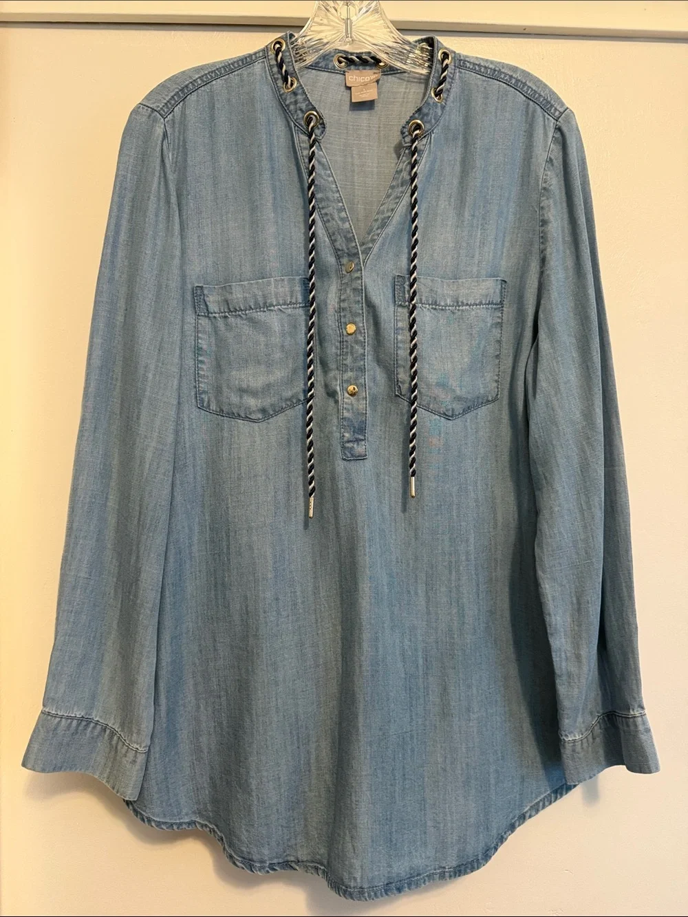 Chico's Light Blue Denim Tunic with Braided Drawstring & Double Breasted Pockets - Picture 1 of 5